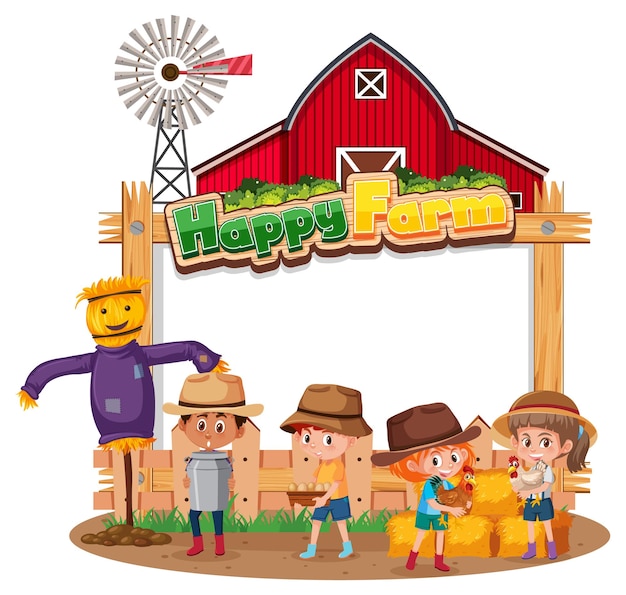 Vettore banner in bianco con logo happy farm e bambini contadini isolati