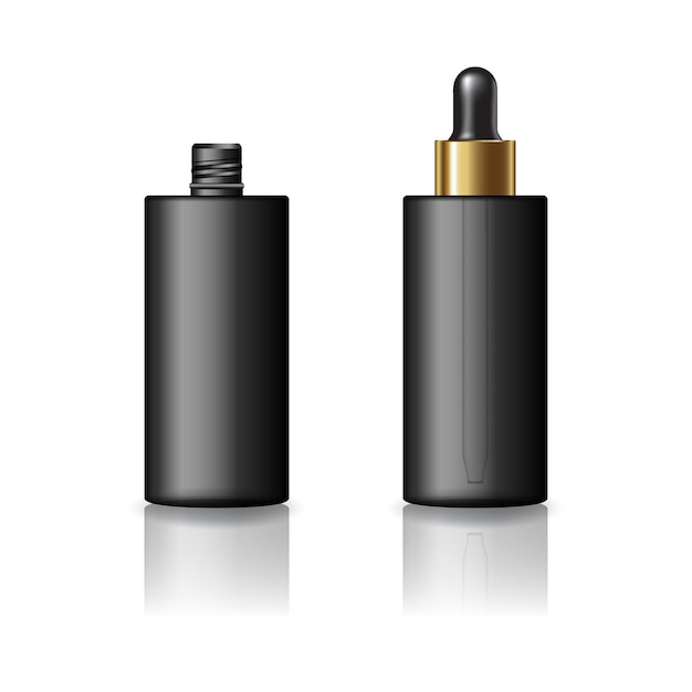 Blank black cylinder cosmetic bottle with blackgold dropper lid product mockup template