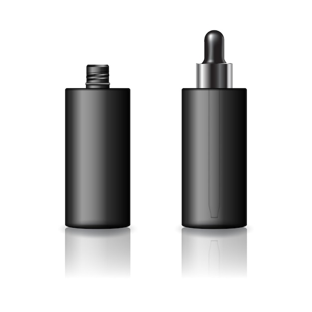 Vector blank black cylinder cosmetic bottle with blacksilver dropper lid product mockup template