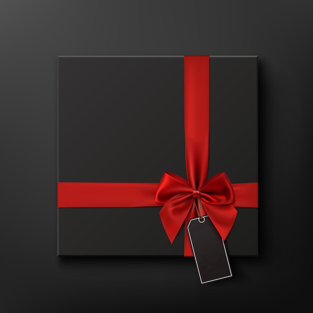 Пустая черная подарочная коробка с красной лентой и ценником. Черная пятница продажа концептуальные фон. иллюстрация.