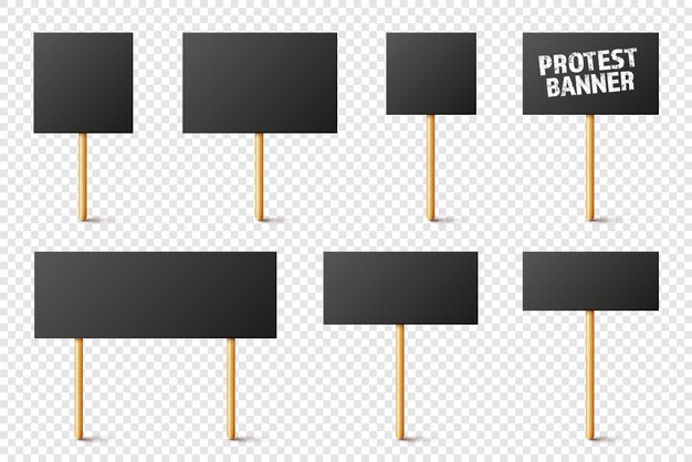 ベクトル 木製ホルダー付き空白の黒い抗議看板現実的なベクトルデモバナーストライクアクション段ボールプラカードモックアップ