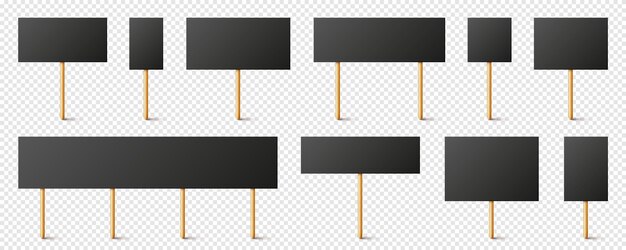 Vector blank black protest signs with wooden holder realistic vector demonstration banner strike action