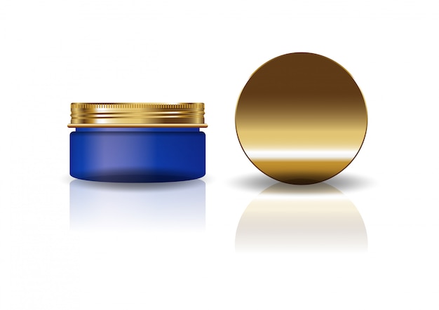 Blank blue cosmetic round jar with gold lid. 