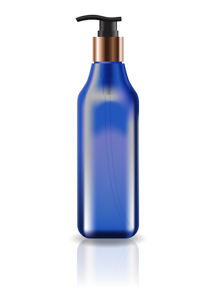 Blank blue cosmetic square bottle with pump head. 