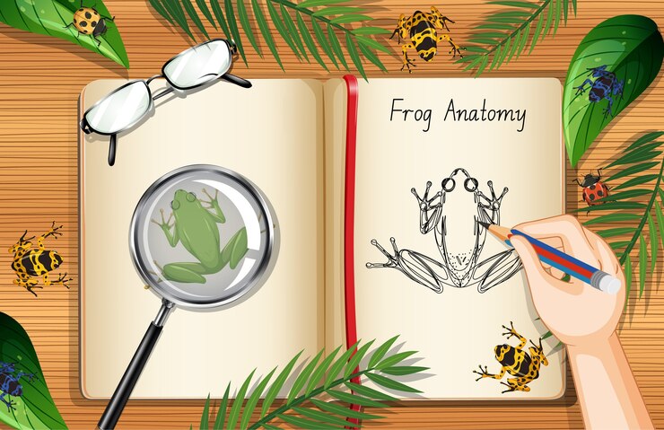 Vector blank book page on office work table top view with leaves and frog element