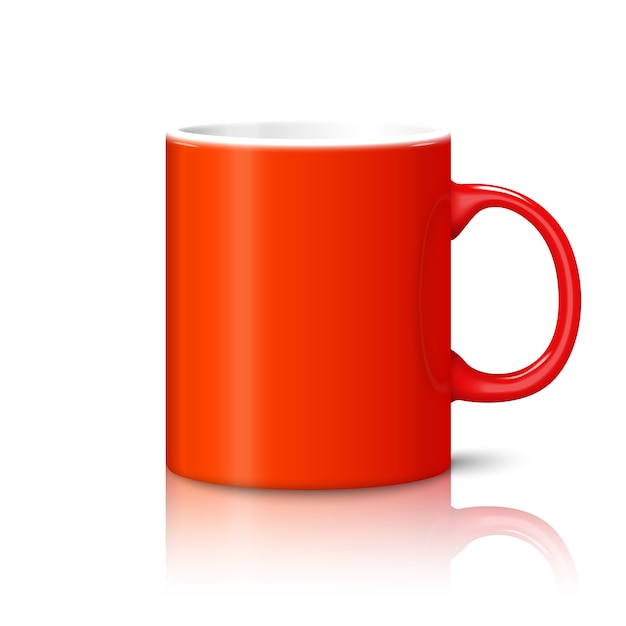 Blank bright red photo realistic cup isolated on white background with reflection, for branding and your design.