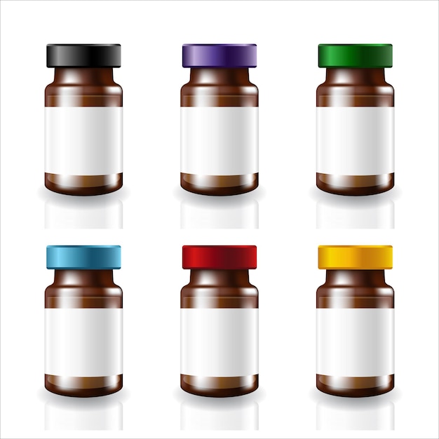 Blank brown glass medical vaccine vials white labels with 6 colors metal caps template.