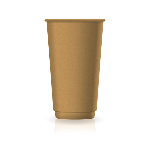 Vector blank brown kraft paper coffee-tea cup in large size mockup template. isolated on white background with reflection shadow. ready to use for brand design. vector illustration.