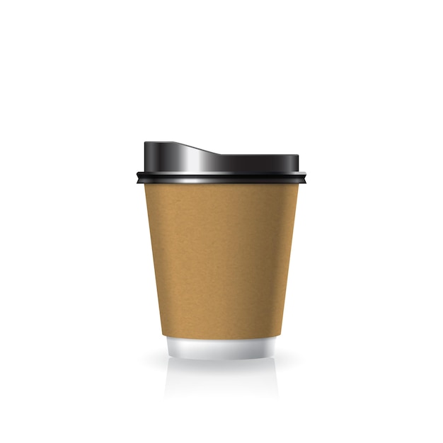 ベクトル 白い茶色のクラフト紙プラスチックコーヒーカップ 白い底と黒い蓋の小さなサイズのモックアップ