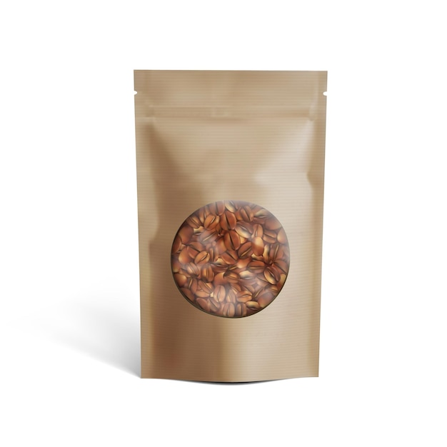 Vector blank brown paper bag with coffee beans in transparent window