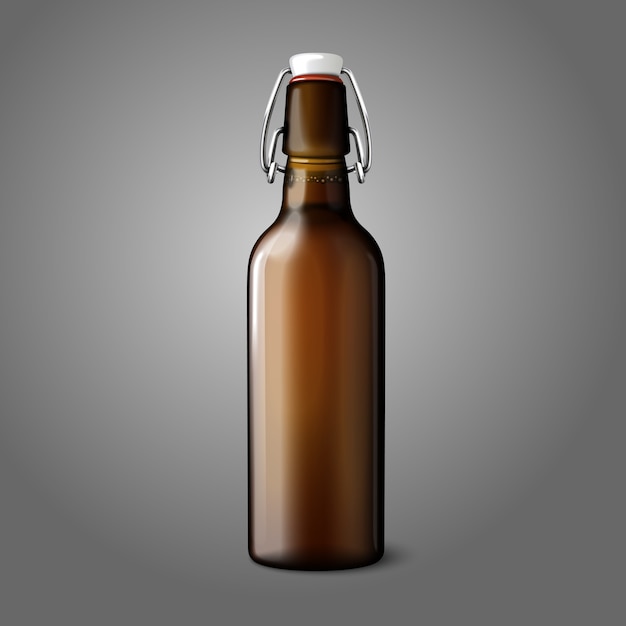 Vector blank brown realistic retro beer bottle isolated on grey background