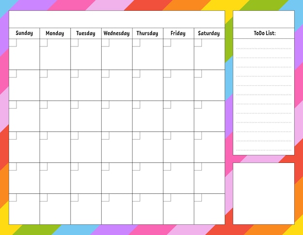 blank calendar template for one month without dates colorful design with a cute character illustration