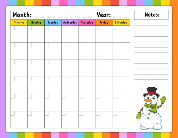 Пустой шаблон календаря на один месяц без дат Красочный дизайн с симпатичным персонажем Векторная иллюстрация