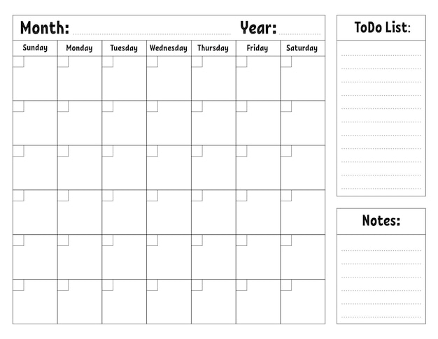 Blank calendar template for one month without dates Colorful design with a cute character Vector illustration