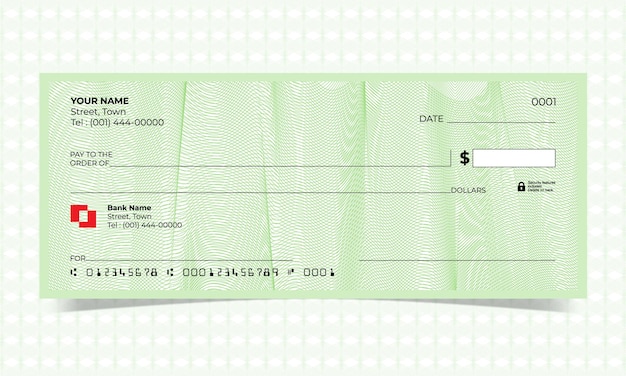 Vettore assegno in bianco, disegno di assegno bancario, formato vettoriale