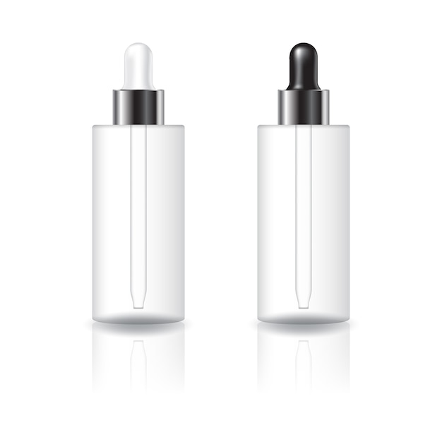 白と黒の銀のスポイトのふたのモックアップテンプレートと空白の透明なシリンダー化粧品ボトル。