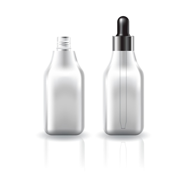 Blank clear square cosmetic bottle with blacksilver dropper lid for beauty product mockup template