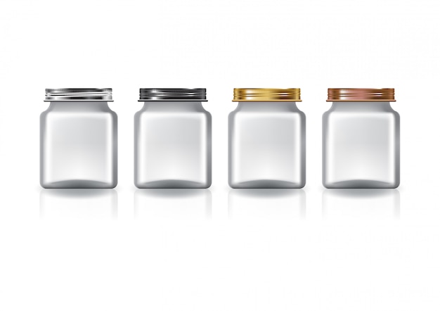 Vector blank clear square jar with 4 colors screw lid for supplements or food product.