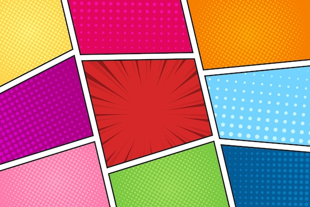 Blank colorful comic book page halftone background with pop art style