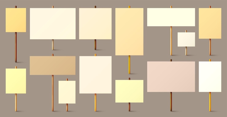 Vector blank colorful protest sign with wooden holder realistic vector demonstration banner strike action