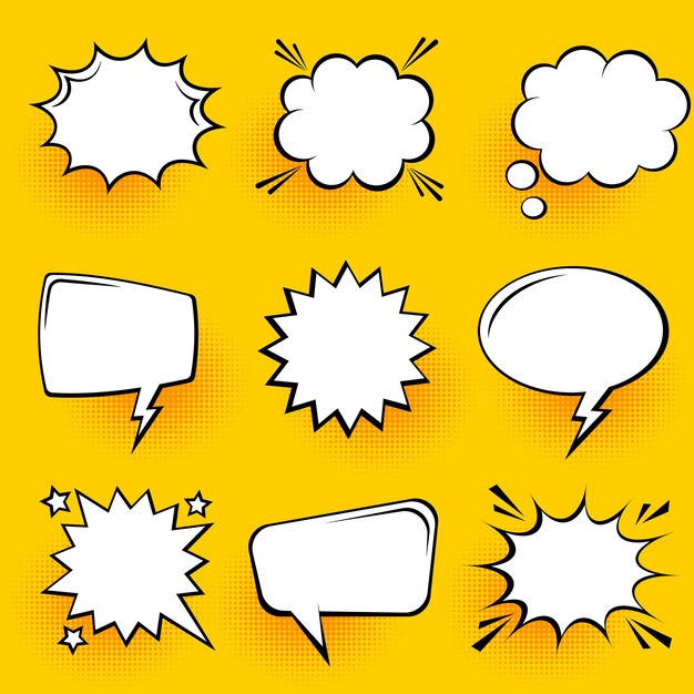 Blank comic speech bubbles with halftone shadows on yellow background hand drawn retro cartoon stickers pop art style vector illustration