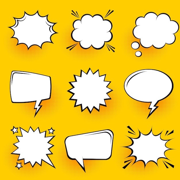 Blank comic speech bubbles with halftone shadows on yellow background hand drawn retro cartoon