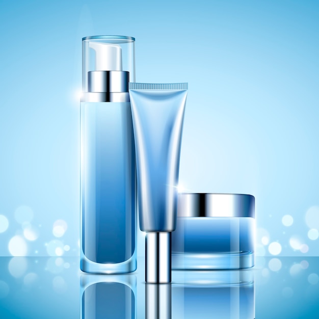 ベクトル 空白の化粧品容器セット、イラスト、ボケ味の背景で使用するための水色シリーズのボトルと瓶