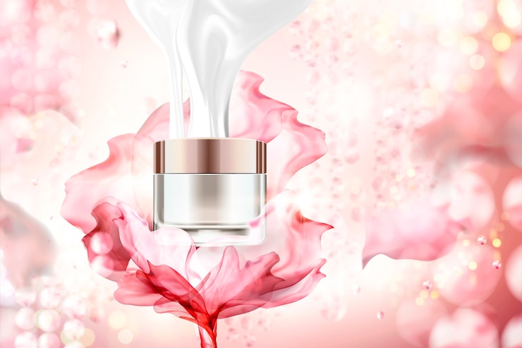 Vector blank cream jar with red chiffon flying effect on bokeh glittering background 