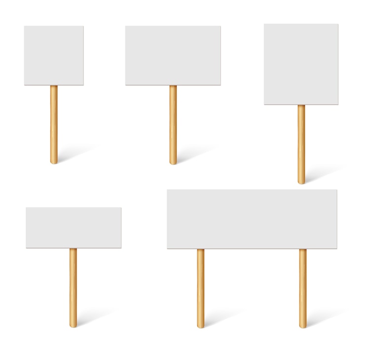 Vector blank demonstration banners. protest placards, public transparency with wooden holders. campaign boards with sticks vector 3d mockup