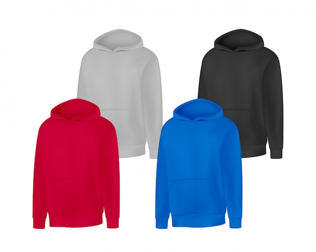 Blank different colors mens hoodie sweatshirt long sleeve. Male hoody with hood front view.