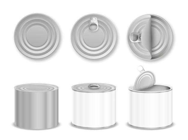 Blank empty cylinder shaped aluminium tin cans with and without pull rings realistic set isolated vector illustration