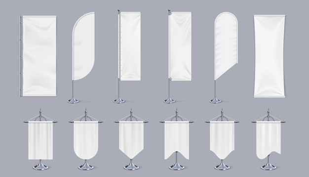 빈 플래그 모형 기둥 수직 크롬 강철 전시 스탠드 및 광고 페넌트에 현실적인 교수형 배너 로고 및 축제 상징 벡터 격리 세트를 위한 장소가 있는 흰색 캔버스 템플릿