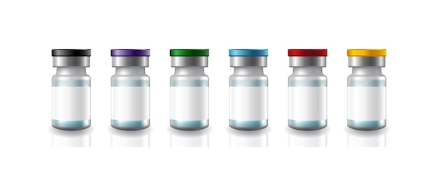 Blank glass medical vaccine vials white labels with 6 colors metal caps template.