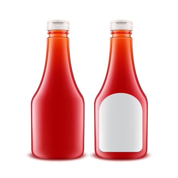 Вектор Пустая стеклянная пластиковая бутылка красного томатного кетчупа для брендинга с изолированной белой этикеткой