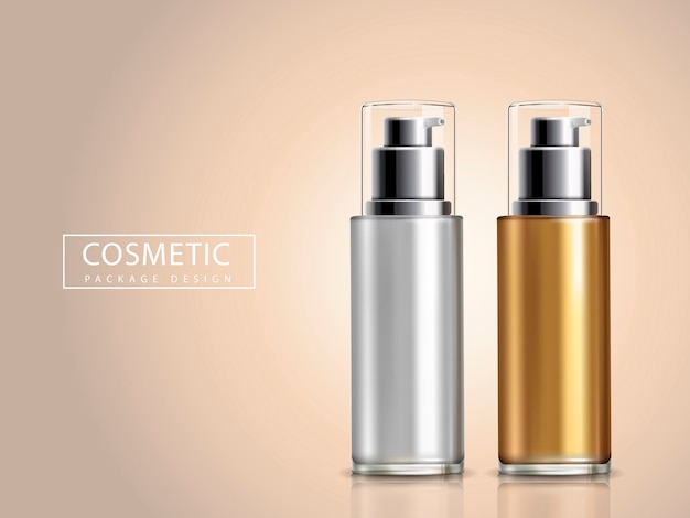 Vector blank golden and silver cosmetic bottle models, 3d illustration