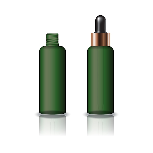 Blank green clear round cosmetic bottle with black dropper lid.