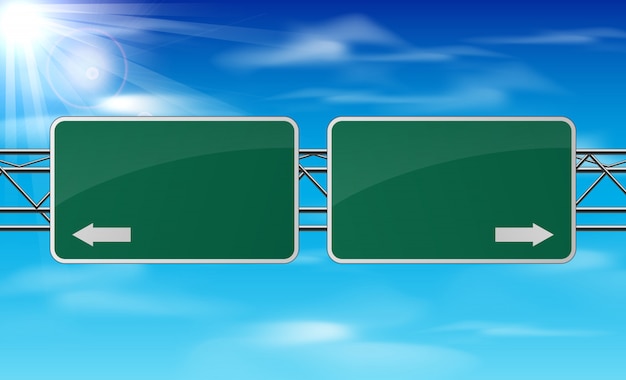 Blank green traffic road sign on sky background