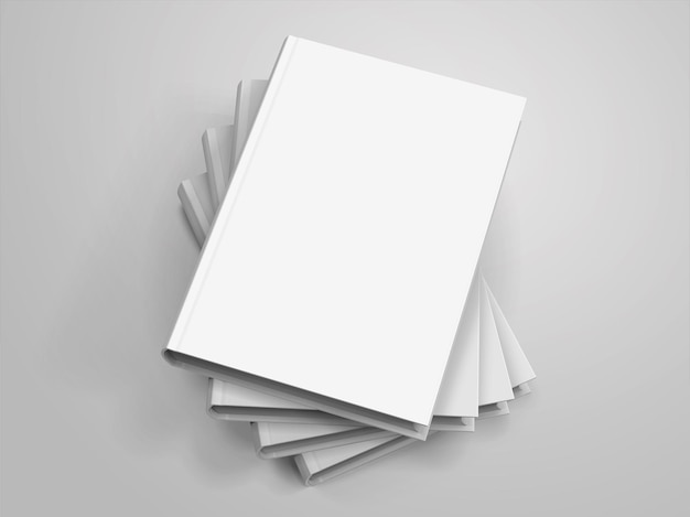 Vector blank hardcover books pile up on light grey background in 3d illustration