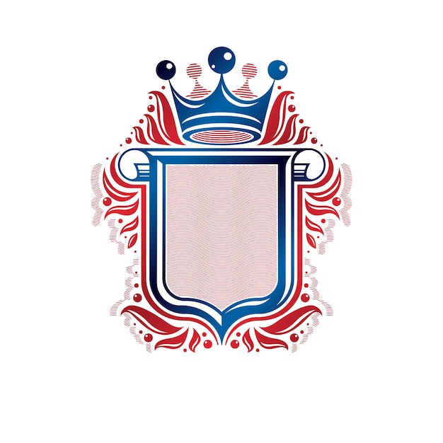 Blank heraldic design with copy space and cartouche, vector vintage protection shield emblem decorated with royal crown and rolled-up ends.