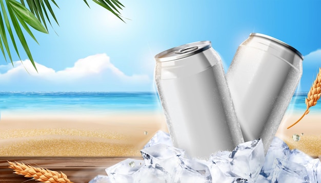 空白の氷の冷たい飲み物アルミ缶ビーチの背景、3dイラストの角氷