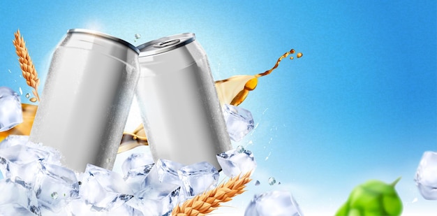 Blank iced cold beverage aluminium can upon ice cubes on blue background, 3d illustration