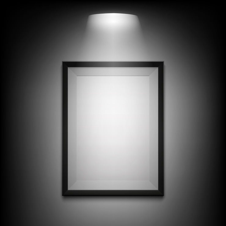 Vector blank illuminated picture frame on black background. 