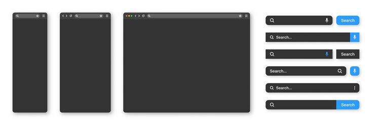 Vector blank internet browser window with various search bar templates dark mode web site engine with search box address bar and text field ui design website interface elements vector illustration
