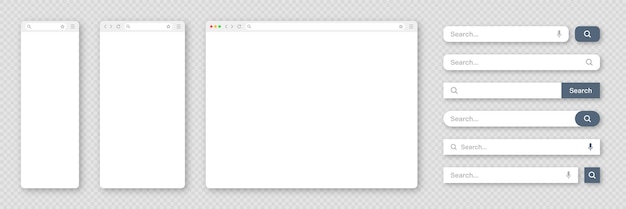 Vector blank internet browser window with various search bar templates web site engine with search box