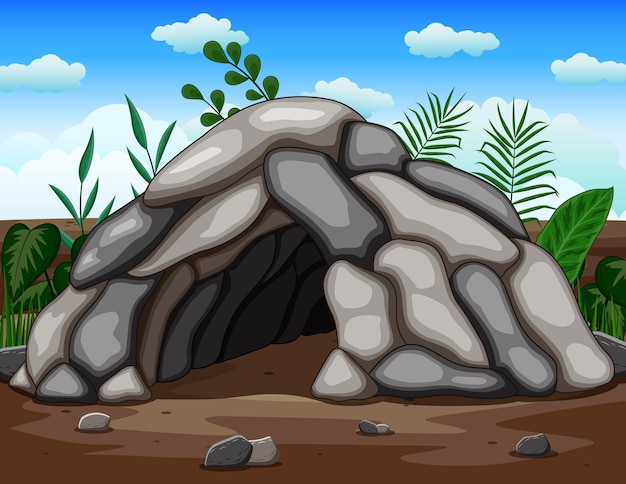 Vector blank landscape scene of cave in the forest