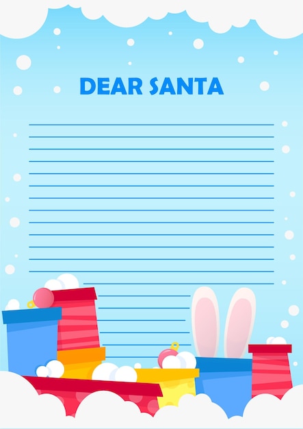 Blank letter to santa claus with lined lines and gifts at the bottom