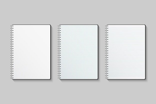 Blank lined and squared paper notebooks isolated on gray background