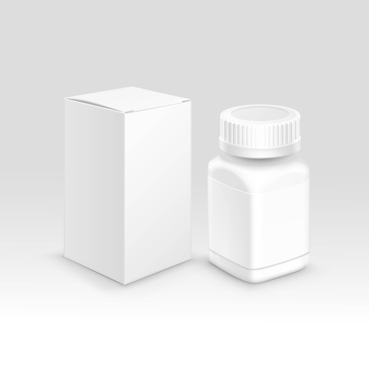 Vector blank medical packaging paper box and bottle for pills