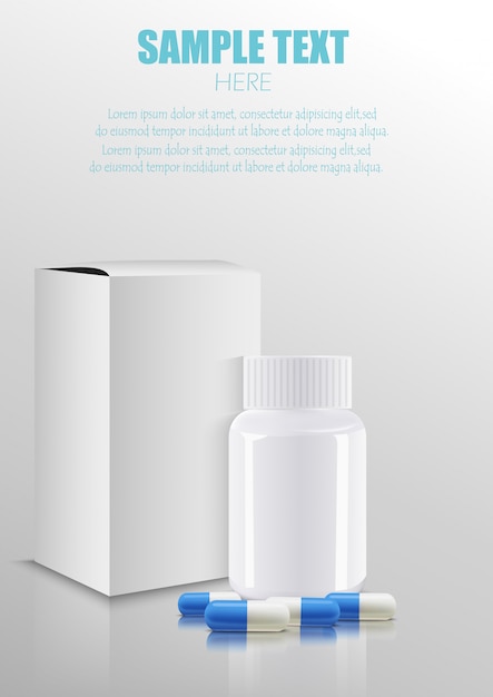 Blank medicine medical packaging package paper box with plastic bottle and pills