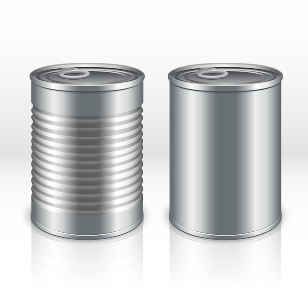 Blank metal products container, tin cans isolated on transparent checkered background